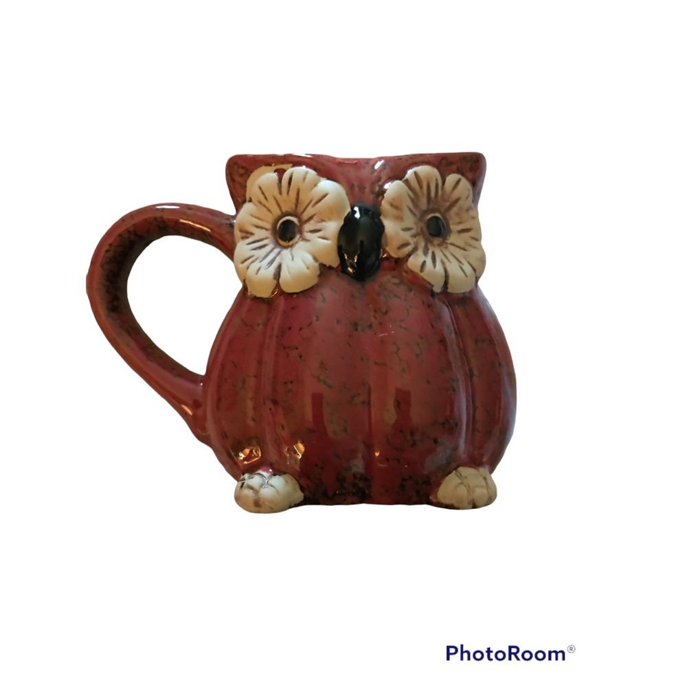Cute Cracker Barrel Rust Colored Owl Coffee Cup Mug Floral Eyes